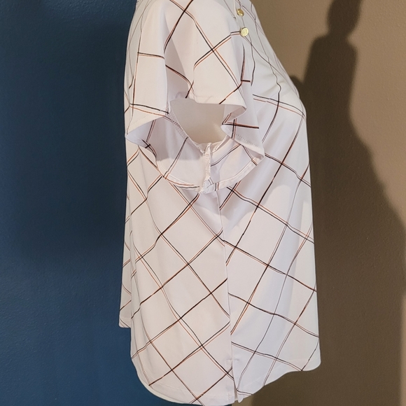 Liz Claiborne Blouse Women's Size PM White Check Short Sleeve Pullover Stretch - Picture 5 of 10